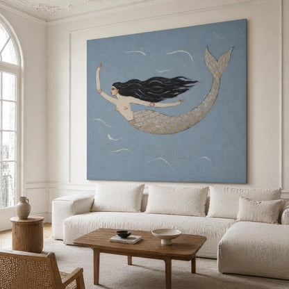 Single Mermaid Wall Art Blue Gold Folk Canvas Painting for Living Room Coastal Decor