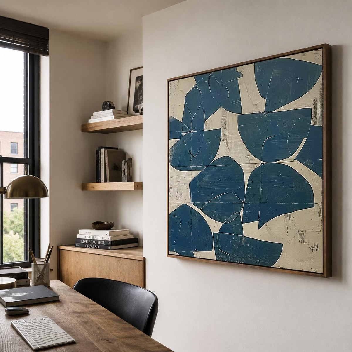 Blue Abstract Wall Art Beige Wabi Sabi Canvas Painting for Living Room Modern Decor