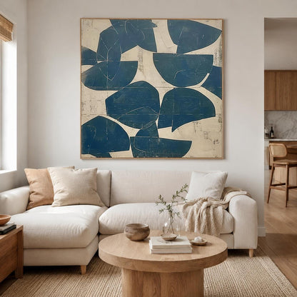 Blue Abstract Wall Art Beige Wabi Sabi Canvas Painting for Living Room Modern Decor