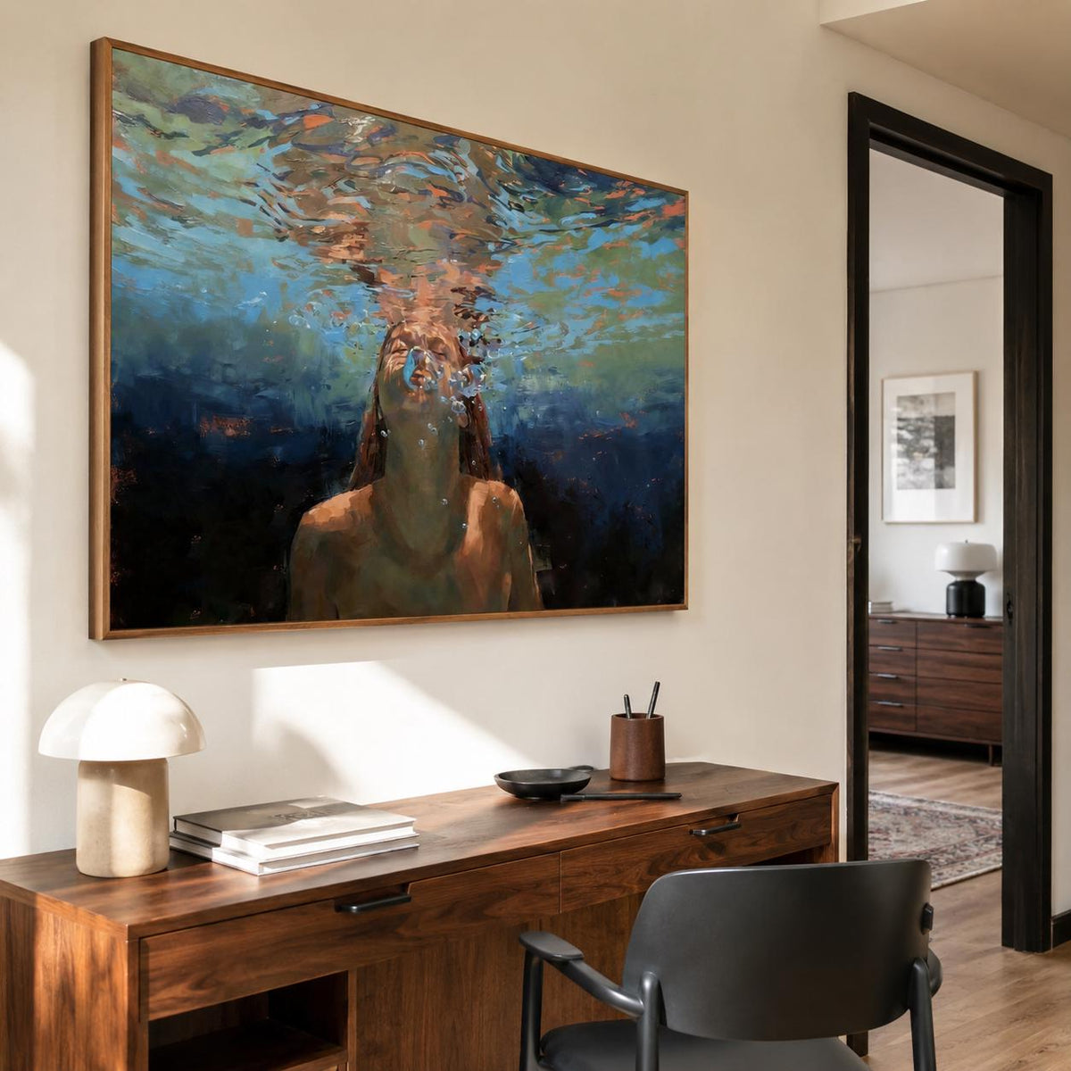Diving Woman Wall Art Blue Green Ocean Canvas Painting for Living Room Coastal Decor