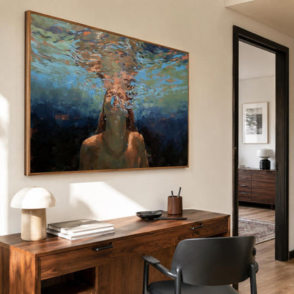 Diving Woman Wall Art Blue Green Ocean Canvas Painting for Living Room Coastal Decor