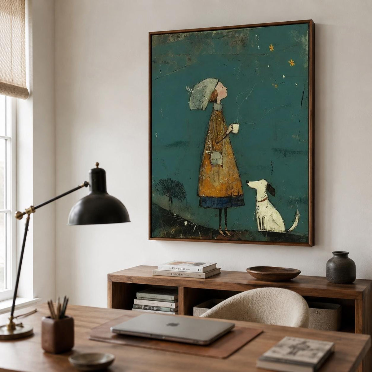 Girl and Dog Wall Art Teal Folk Canvas Painting for Living Room Whimsical Decor