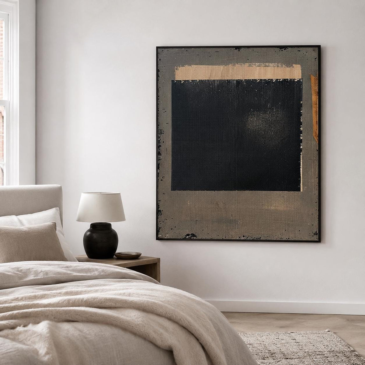 Black Taupe Abstract Wall Art Raw Edge Texture Canvas Painting for Modern Office Decor