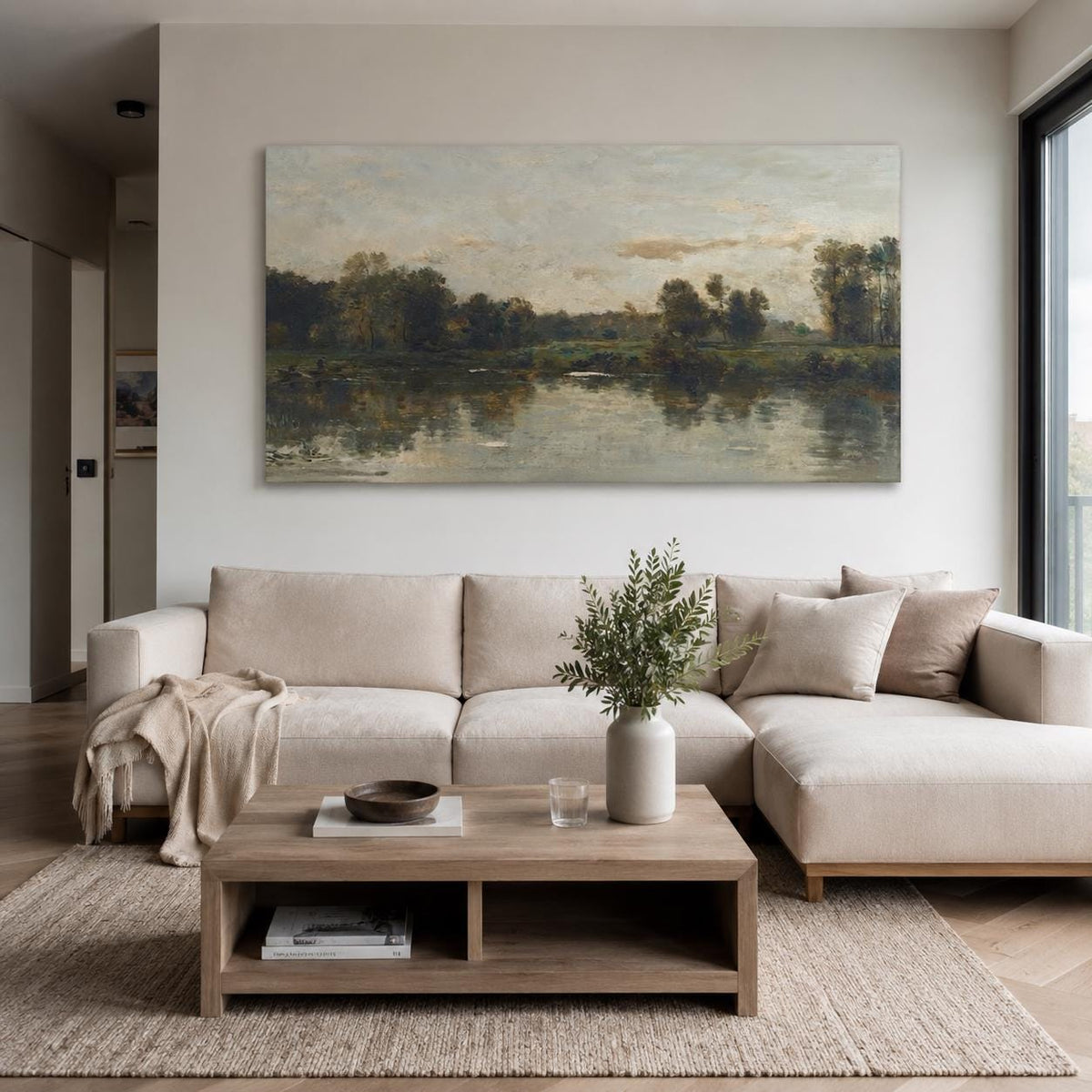 Countryside Landscape Wall Art Rustic Green Blue Canvas Painting for Living Room Farmhouse Decor