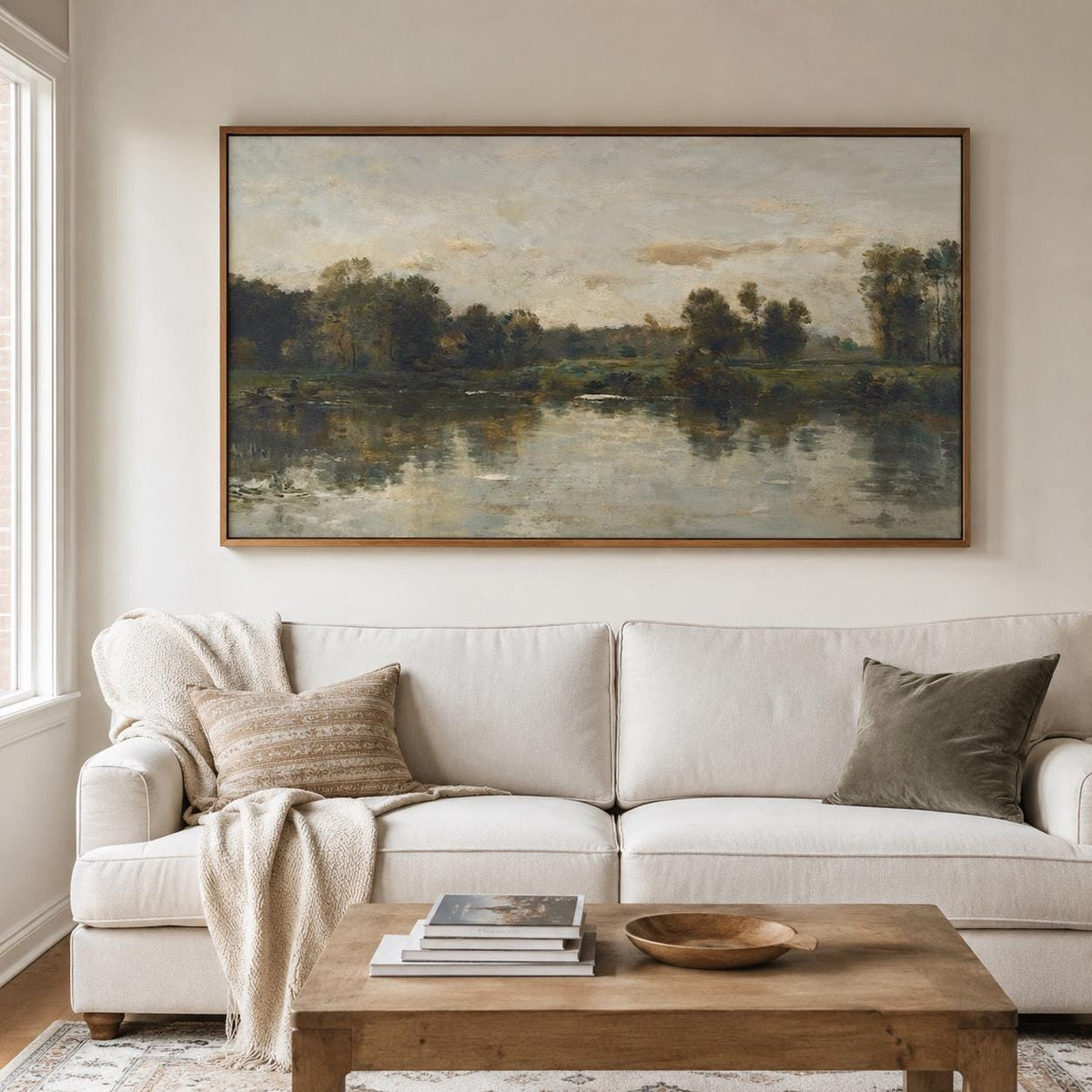 Countryside Landscape Wall Art Rustic Green Blue Canvas Painting for Living Room Farmhouse Decor