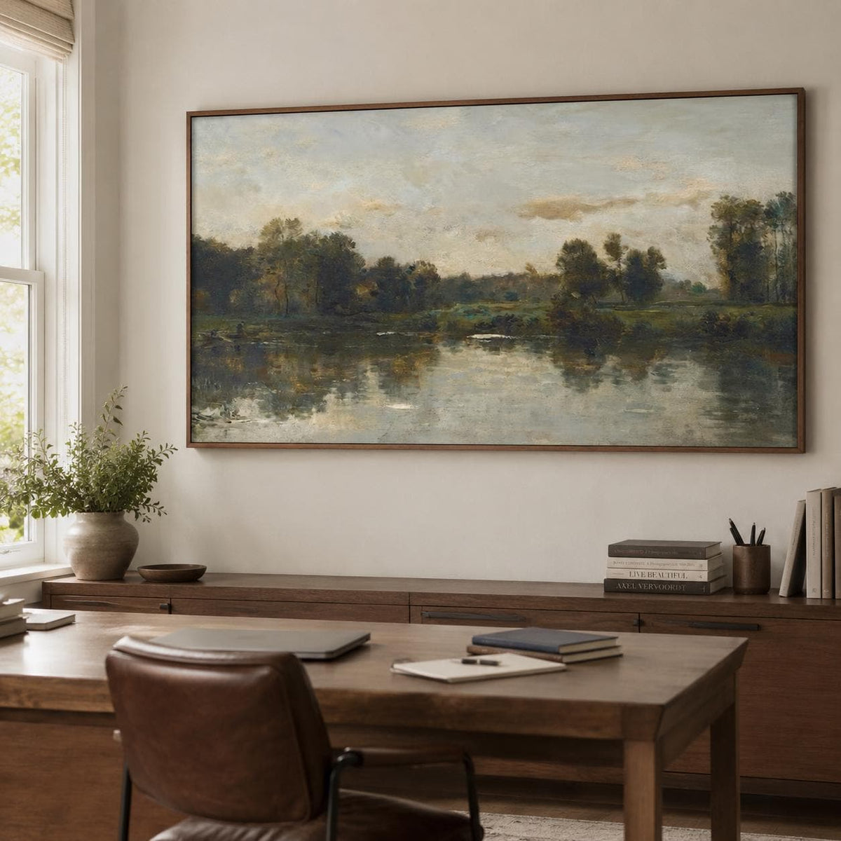 Countryside Landscape Wall Art Rustic Green Blue Canvas Painting for Living Room Farmhouse Decor