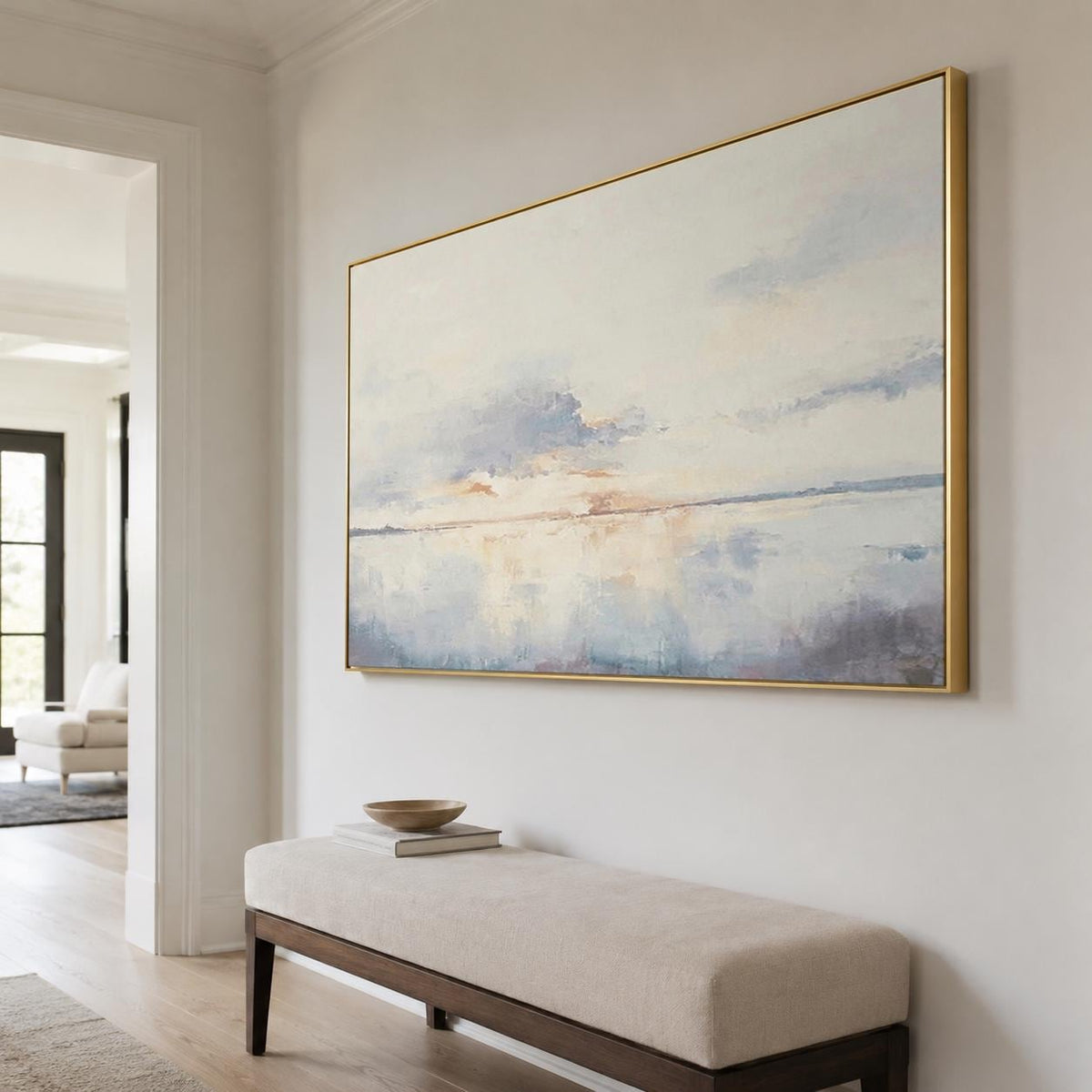 Large Ocean Sunset Wall Art Soft Blue Coastal Canvas Painting for Dining Room Decor