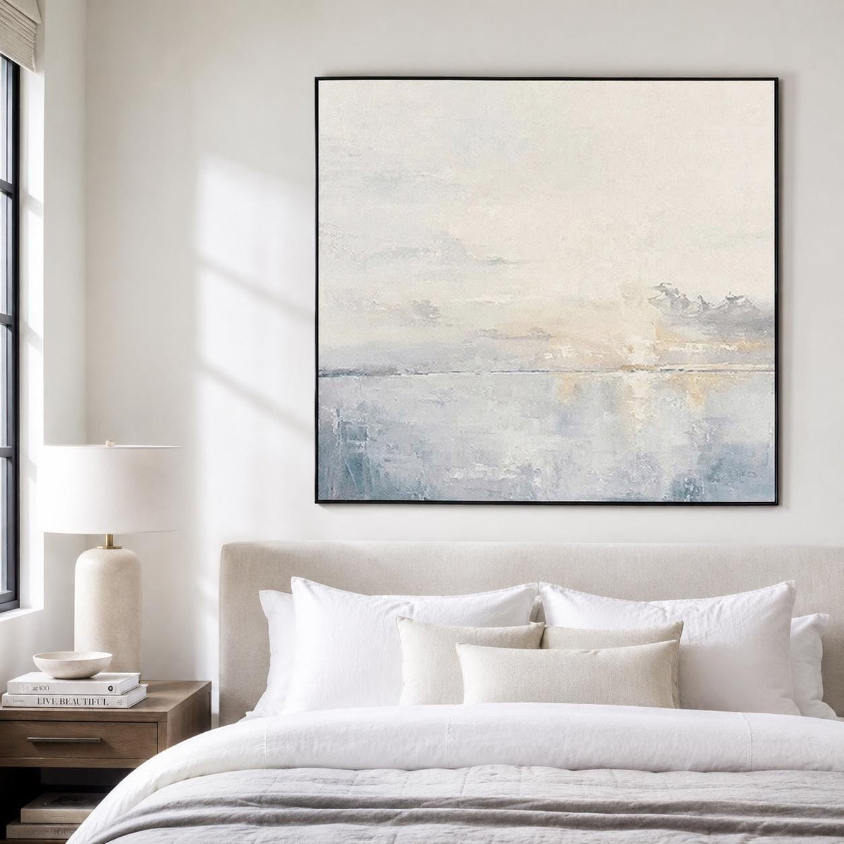 Square Ocean Sunset Wall Art Soft Blue Seascape Canvas Painting for Coastal Entryway Decor