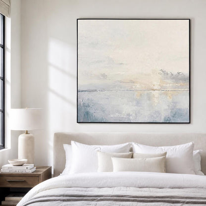 Square Ocean Sunset Wall Art Soft Blue Seascape Canvas Painting for Coastal Entryway Decor
