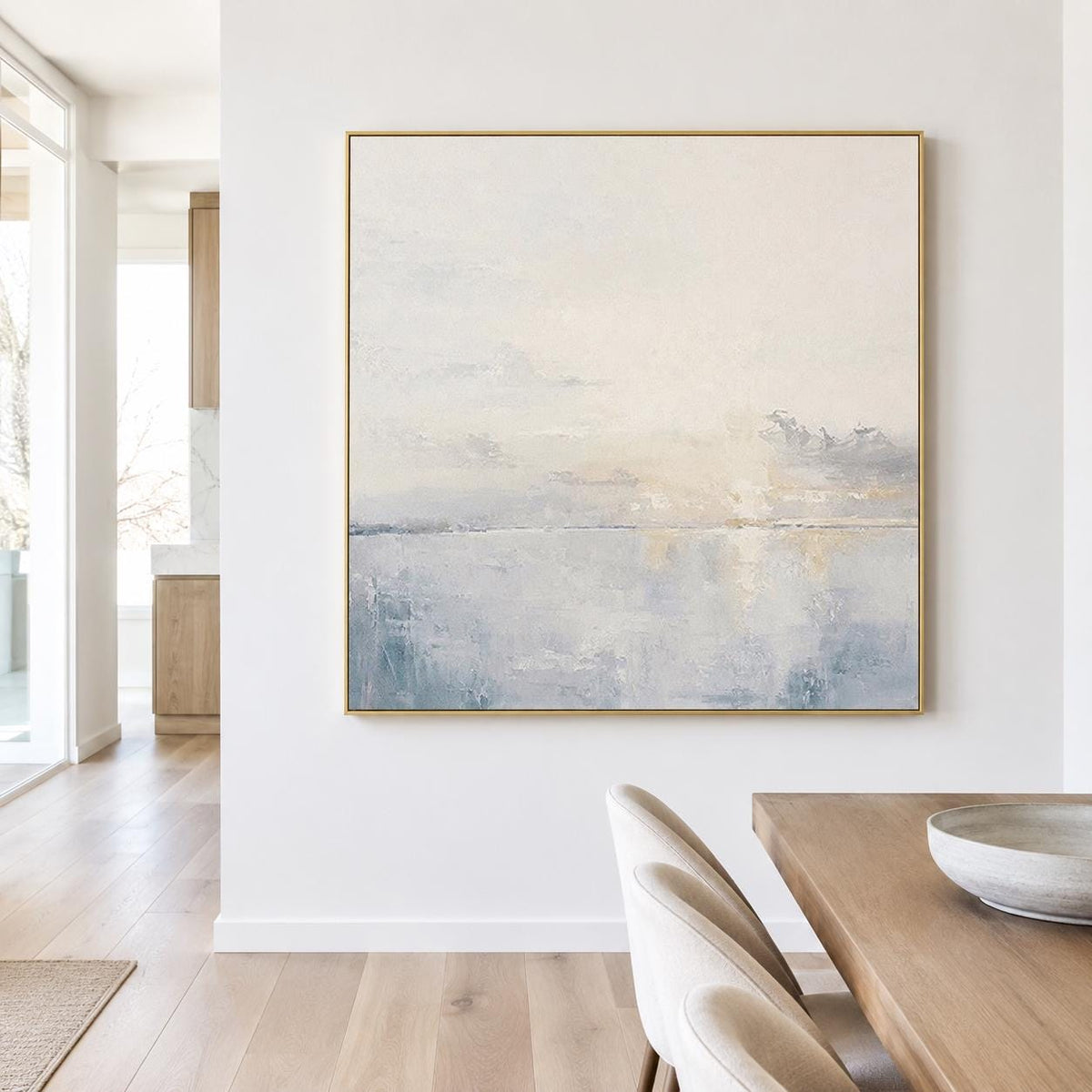 Square Ocean Sunset Wall Art Soft Blue Seascape Canvas Painting for Coastal Entryway Decor
