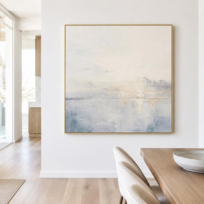 Square Ocean Sunset Wall Art Soft Blue Seascape Canvas Painting for Coastal Entryway Decor
