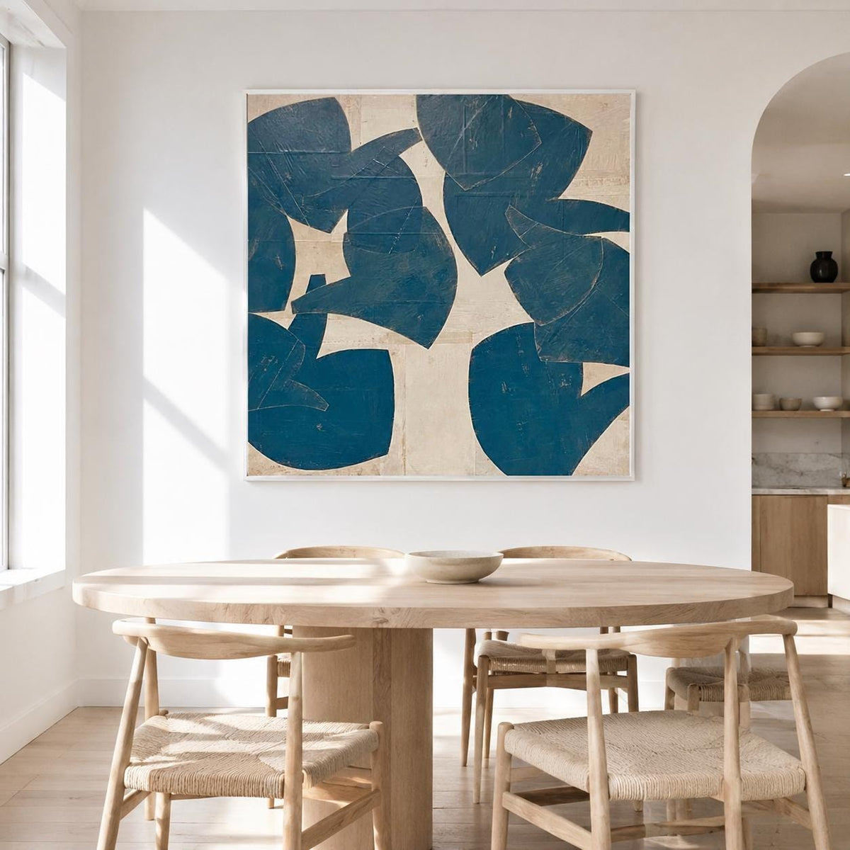Blue Beige Organic Shape Wall Art Abstract Botanical Canvas Painting for Living Room Decor