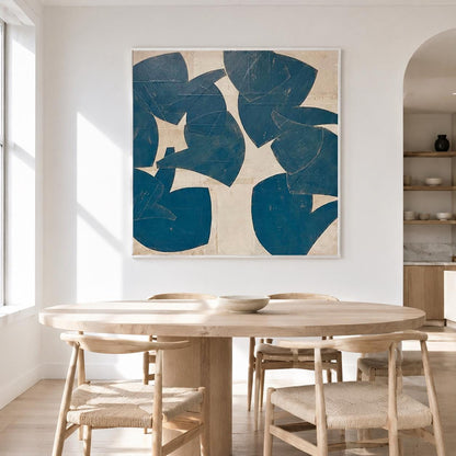 Blue Beige Organic Shape Wall Art Abstract Botanical Canvas Painting for Living Room Decor