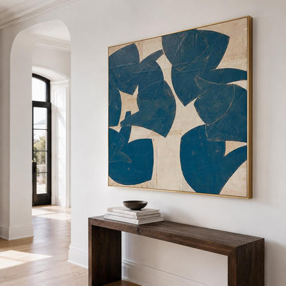 Blue Beige Organic Shape Wall Art Abstract Botanical Canvas Painting for Living Room Decor