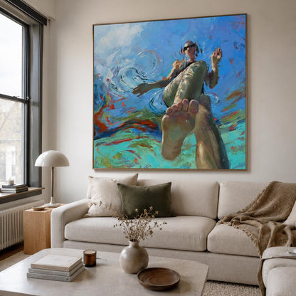 Swimming Woman Wall Art Blue Abstract Figure Canvas Painting for Bathroom Living Room Decor