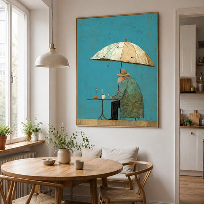 Umbrella Man Wall Art Vintage Cafe Figurative Canvas Painting for Modern Dining Room Decor