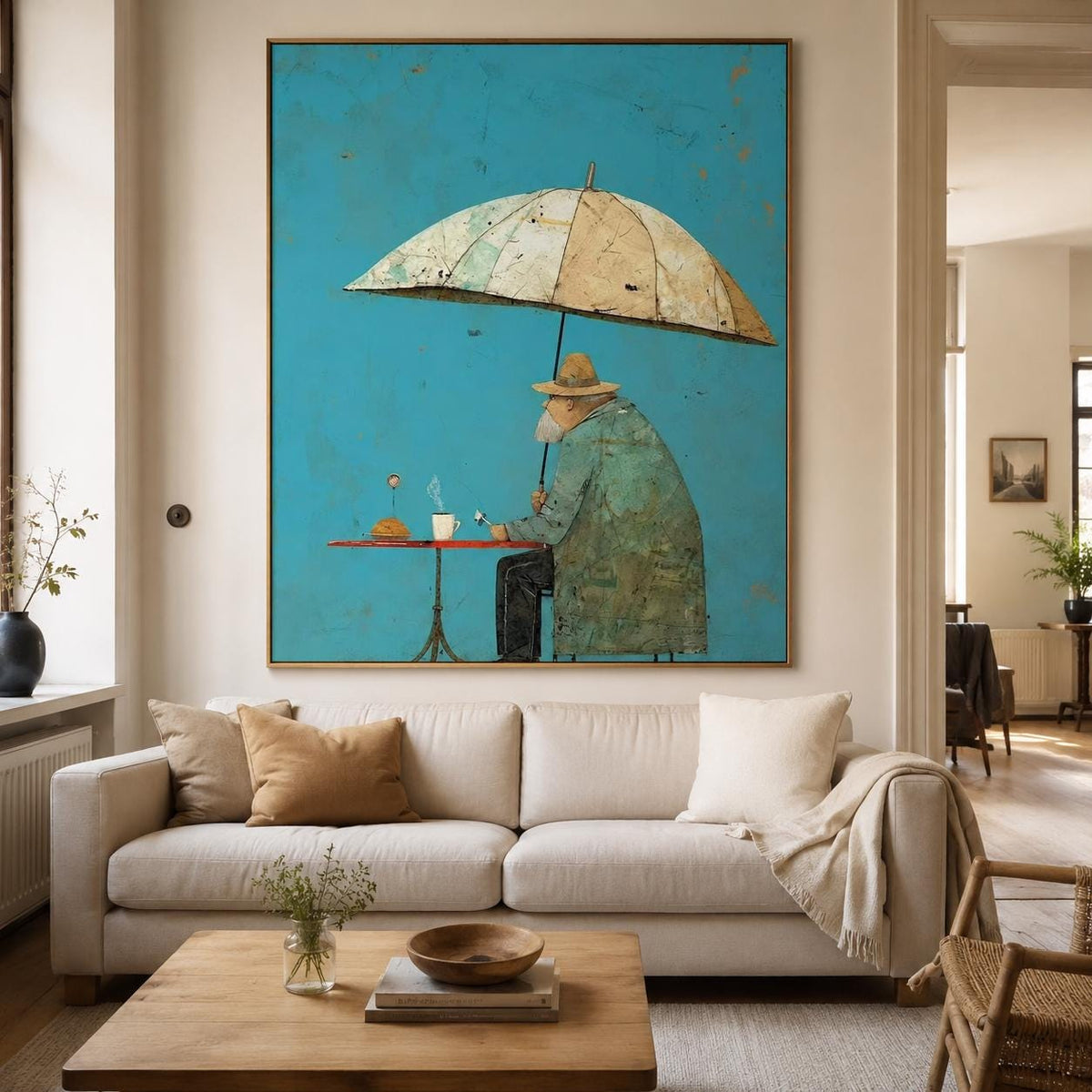 Umbrella Man Wall Art Vintage Cafe Figurative Canvas Painting for Modern Dining Room Decor