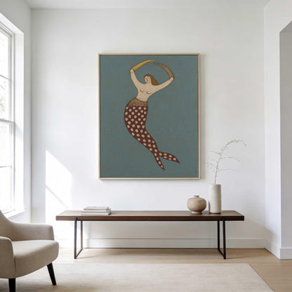 Mermaid Wall Art Vintage Blue Folk Ocean Canvas Painting for Bathroom Coastal Decor
