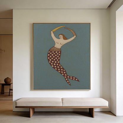 Mermaid Wall Art Vintage Blue Folk Ocean Canvas Painting for Bathroom Coastal Decor
