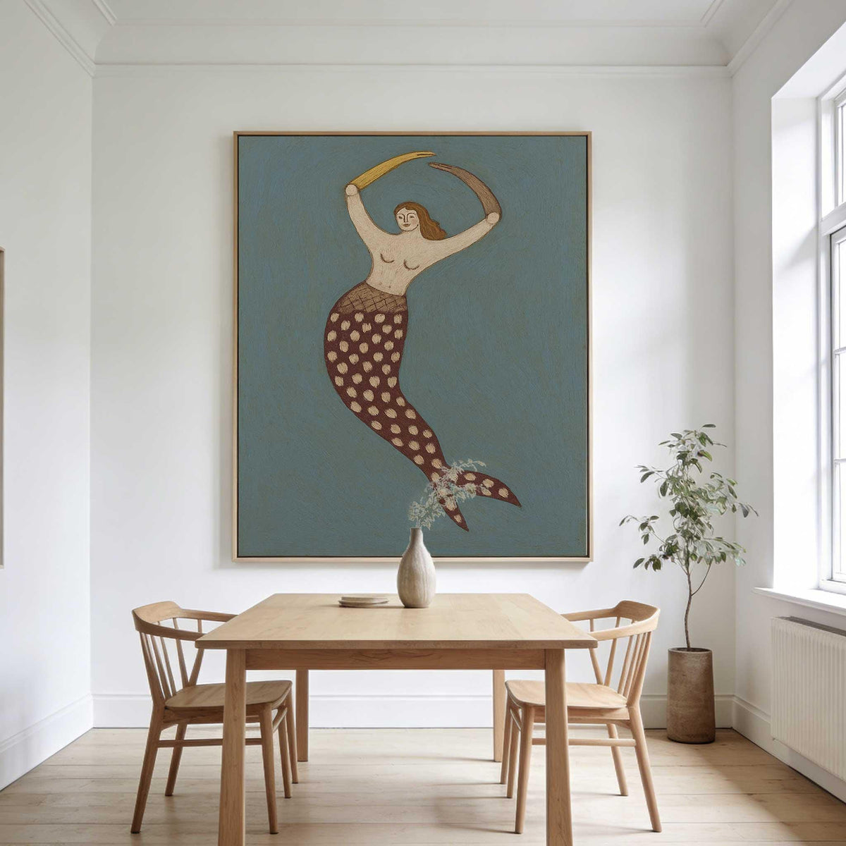 Mermaid Wall Art Vintage Blue Folk Ocean Canvas Painting for Bathroom Coastal Decor