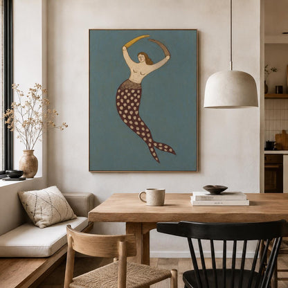 Mermaid Wall Art Vintage Blue Folk Ocean Canvas Painting for Bathroom Coastal Decor