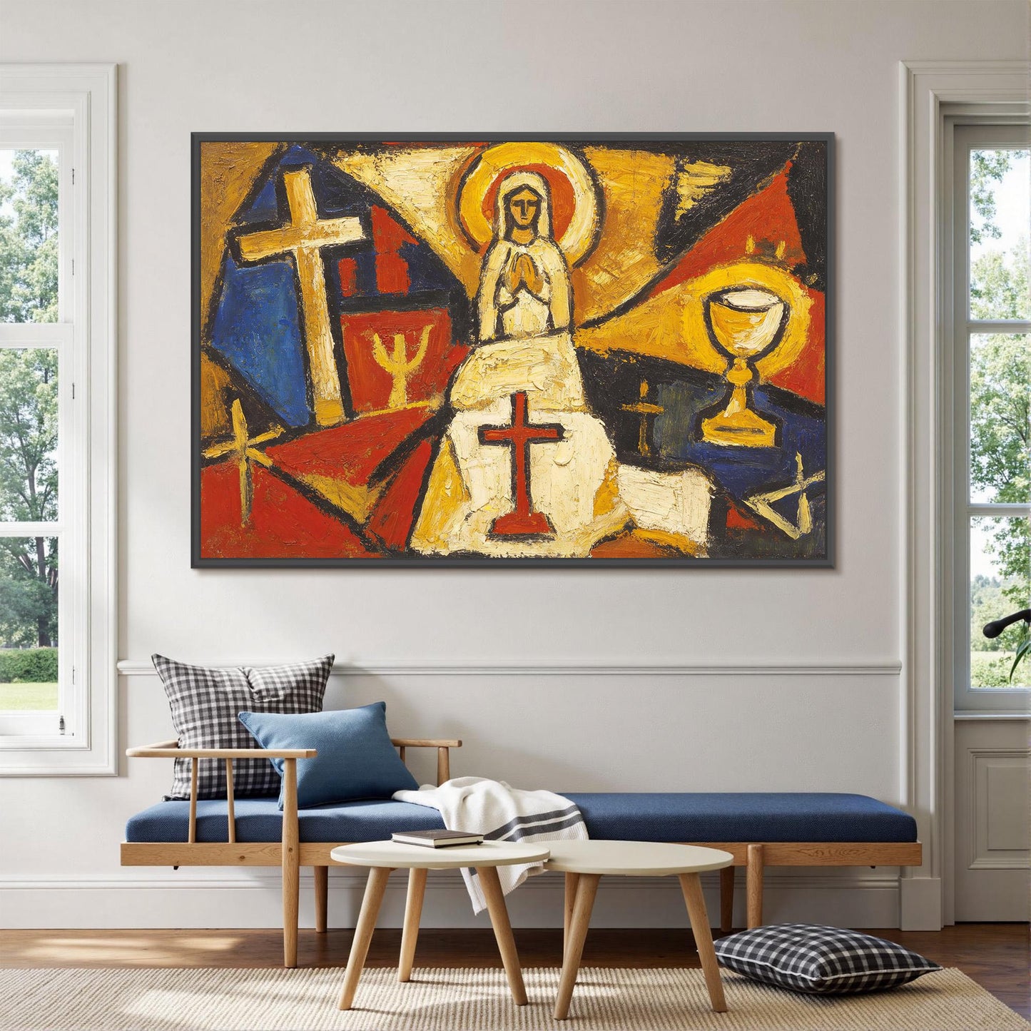 Spiritual Figure Canvas - Bold Religious Wall Decor - Handmade Oil Acrylic - Church Home Faith Gift – Cobalt and Gold Figurat