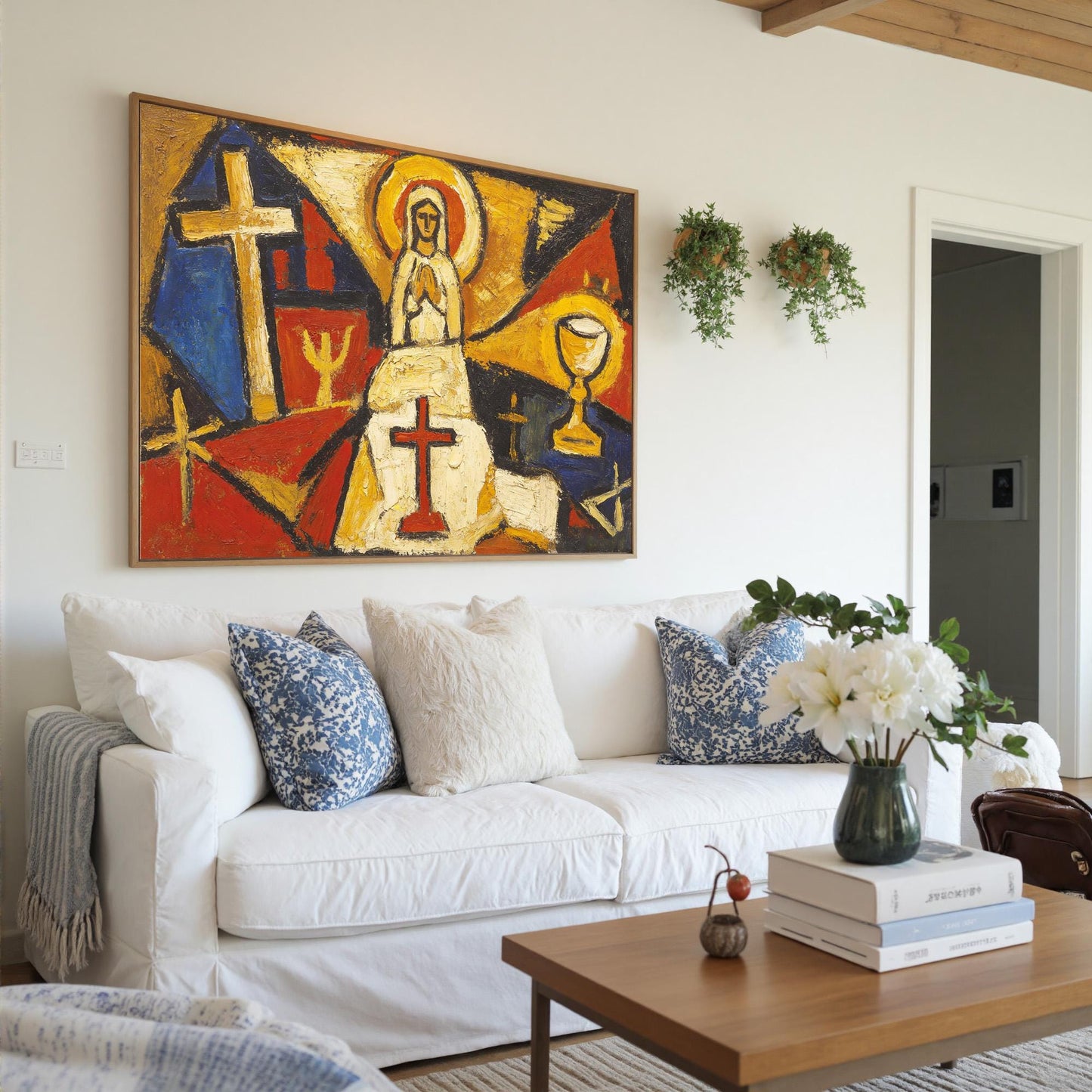 Spiritual Figure Canvas - Bold Religious Wall Decor - Handmade Oil Acrylic - Church Home Faith Gift – Cobalt and Gold Figurat
