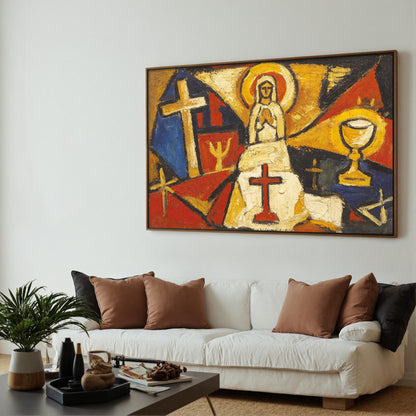Spiritual Figure Canvas - Bold Religious Wall Decor - Handmade Oil Acrylic - Church Home Faith Gift – Cobalt and Gold Figurat