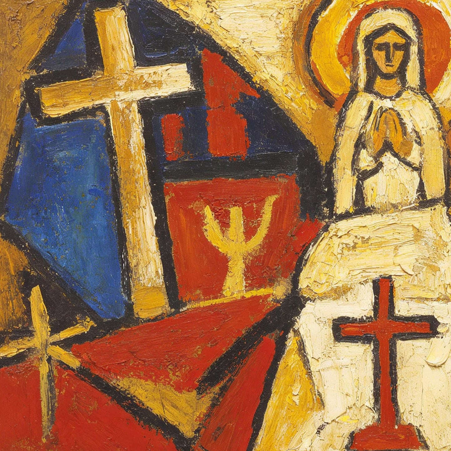 Spiritual Figure Canvas - Bold Religious Wall Decor - Handmade Oil Acrylic - Church Home Faith Gift – Cobalt and Gold Figurat