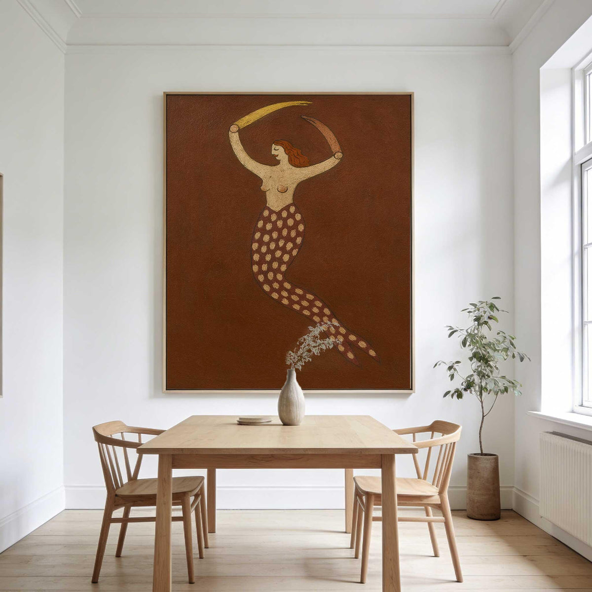 Brown Mermaid Wall Art Vintage Folk Figure Canvas Painting for Bohemian Bedroom Decor