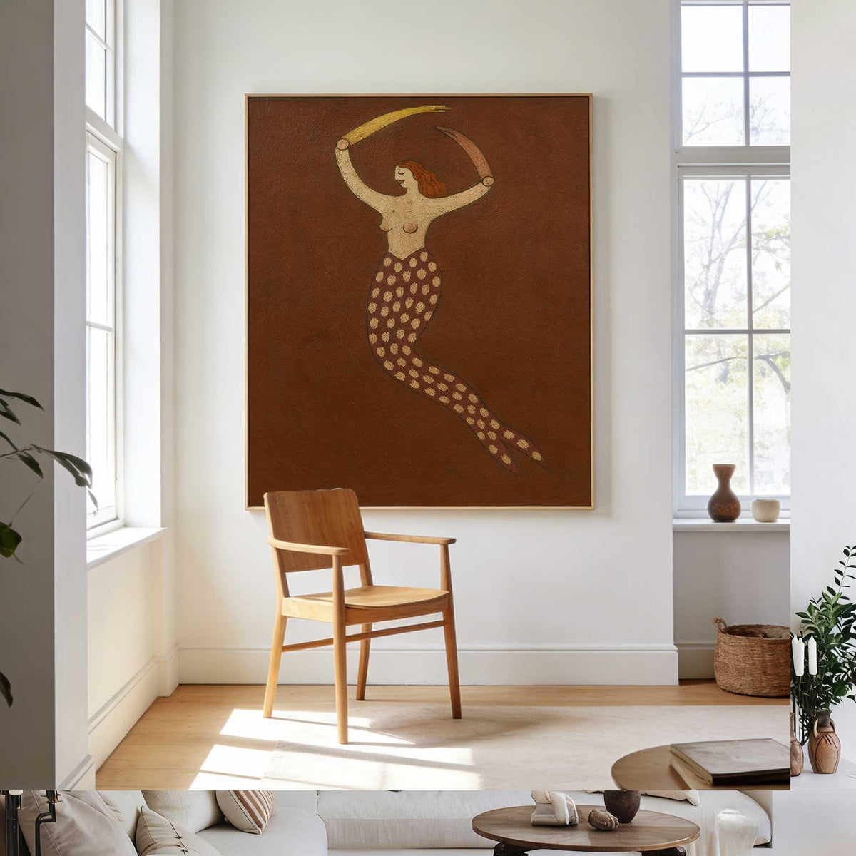 Brown Mermaid Wall Art Vintage Folk Figure Canvas Painting for Bohemian Bedroom Decor