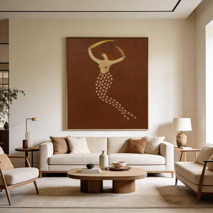 Brown Mermaid Wall Art Vintage Folk Figure Canvas Painting for Bohemian Bedroom Decor