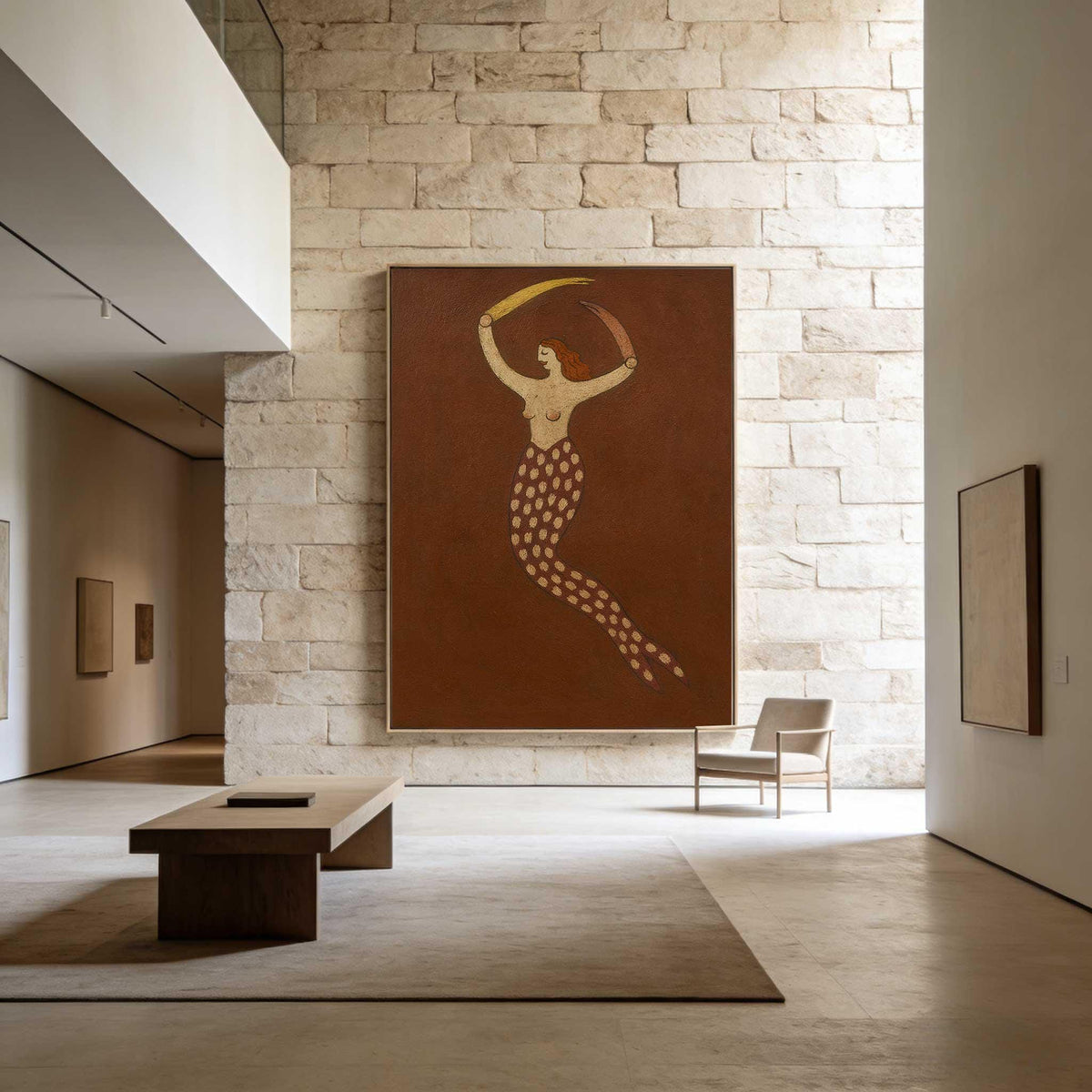 Brown Mermaid Wall Art Vintage Folk Figure Canvas Painting for Bohemian Bedroom Decor
