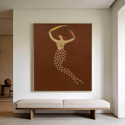 Brown Mermaid Wall Art Vintage Folk Figure Canvas Painting for Bohemian Bedroom Decor