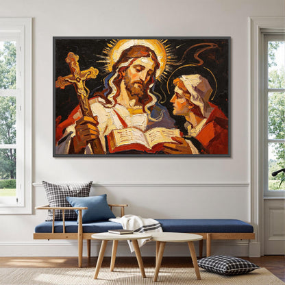 Holy Figures Scripture Canvas - Expressionist Religious Art - Handmade Oil Acrylic - Faith Home Church Gift – Gold Abstract |