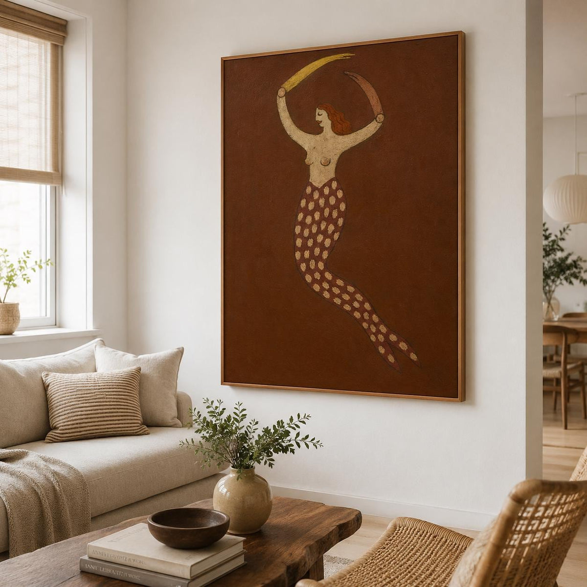 Brown Mermaid Wall Art Vintage Folk Figure Canvas Painting for Bohemian Bedroom Decor