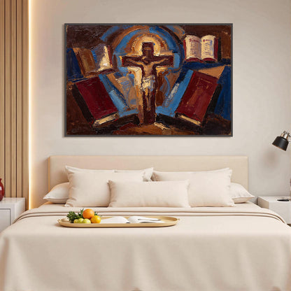 Cobalt and Gold Expressionist Abstract – Expressionist Cross Canvas - Religious Church Wall Art - Handmade Oil Acrylic - Christian Devotional Gift