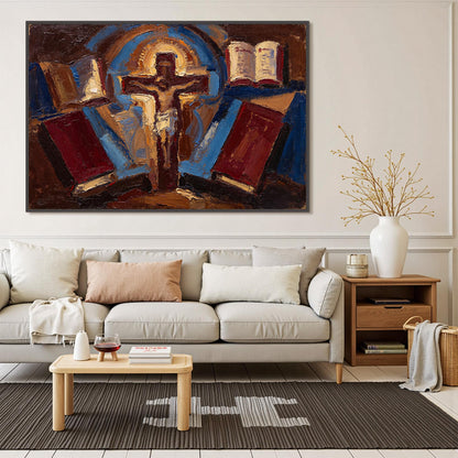 Cobalt and Gold Expressionist Abstract – Expressionist Cross Canvas - Religious Church Wall Art - Handmade Oil Acrylic - Christian Devotional Gift