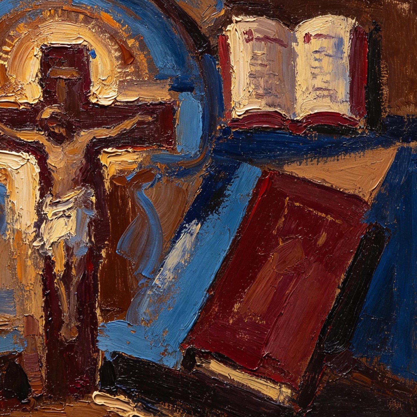 Expressionist Cross Canvas - Religious Church Wall Art - Handmade Oil Acrylic - Christian Devotional Gift – Cobalt and Gold A