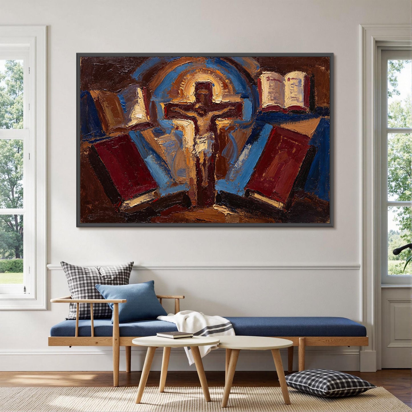 Expressionist Cross Canvas - Religious Church Wall Art - Handmade Oil Acrylic - Christian Devotional Gift – Cobalt and Gold A