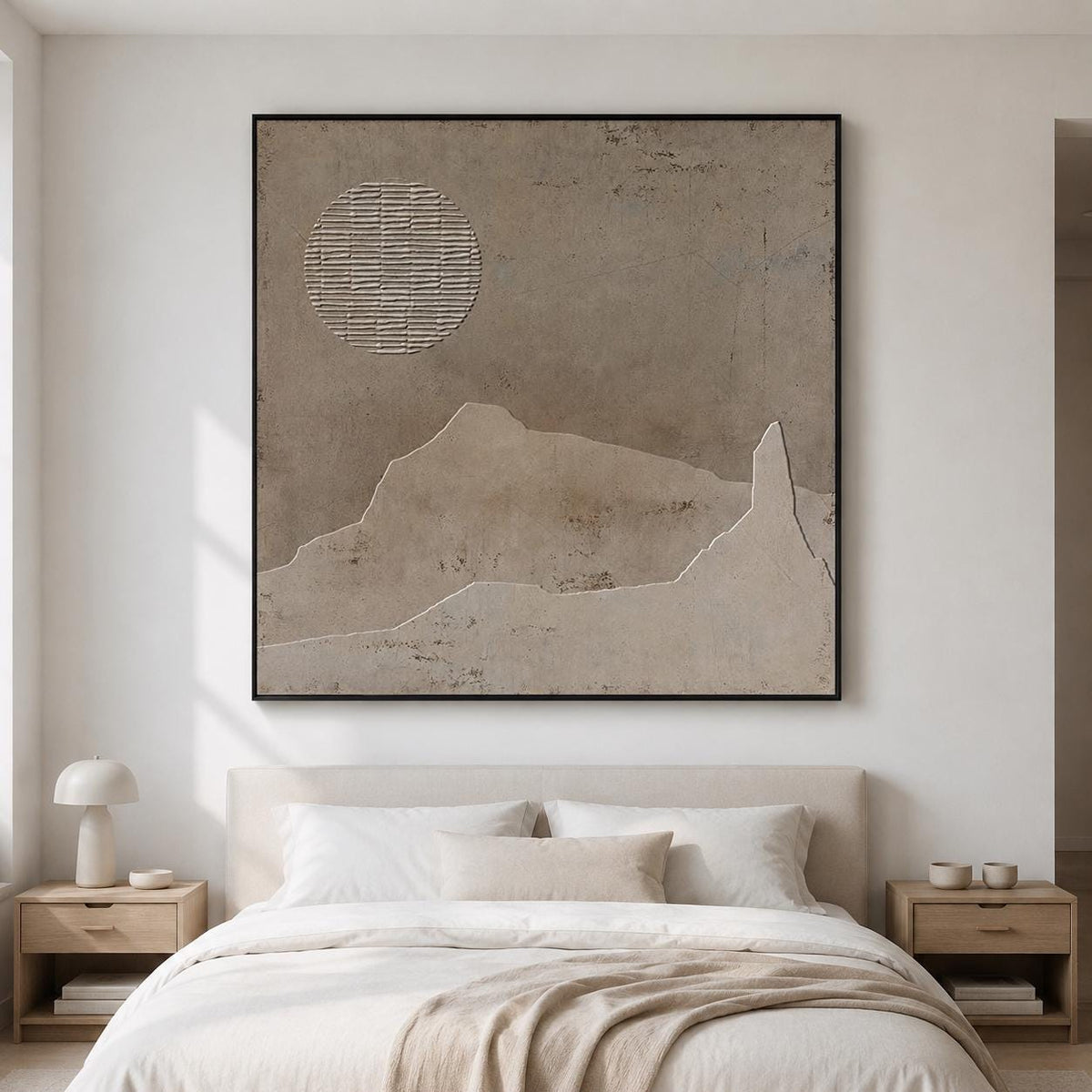 Brown Wabi Sabi Wall Art Moon Landscape Texture Canvas Painting for Living Room Decor