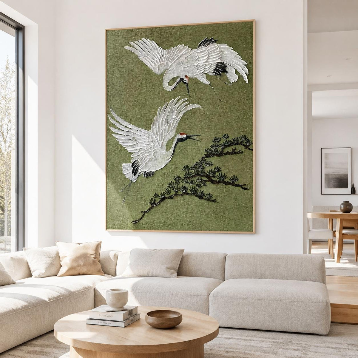 White Crane Bird Wall Art Olive Green Textured Canvas Painting for Living Room Decor