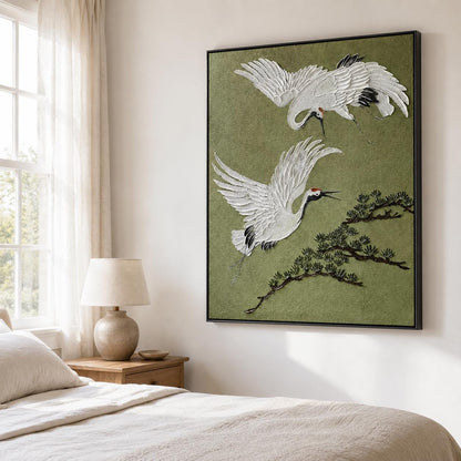 White Crane Bird Wall Art Olive Green Textured Canvas Painting for Living Room Decor