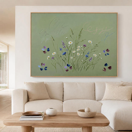 Wildflower Meadow Wall Art Sage Green Butterfly Botanical Canvas Painting for Cottage Bedroom Decor