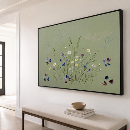 Wildflower Meadow Wall Art Sage Green Butterfly Botanical Canvas Painting for Cottage Bedroom Decor