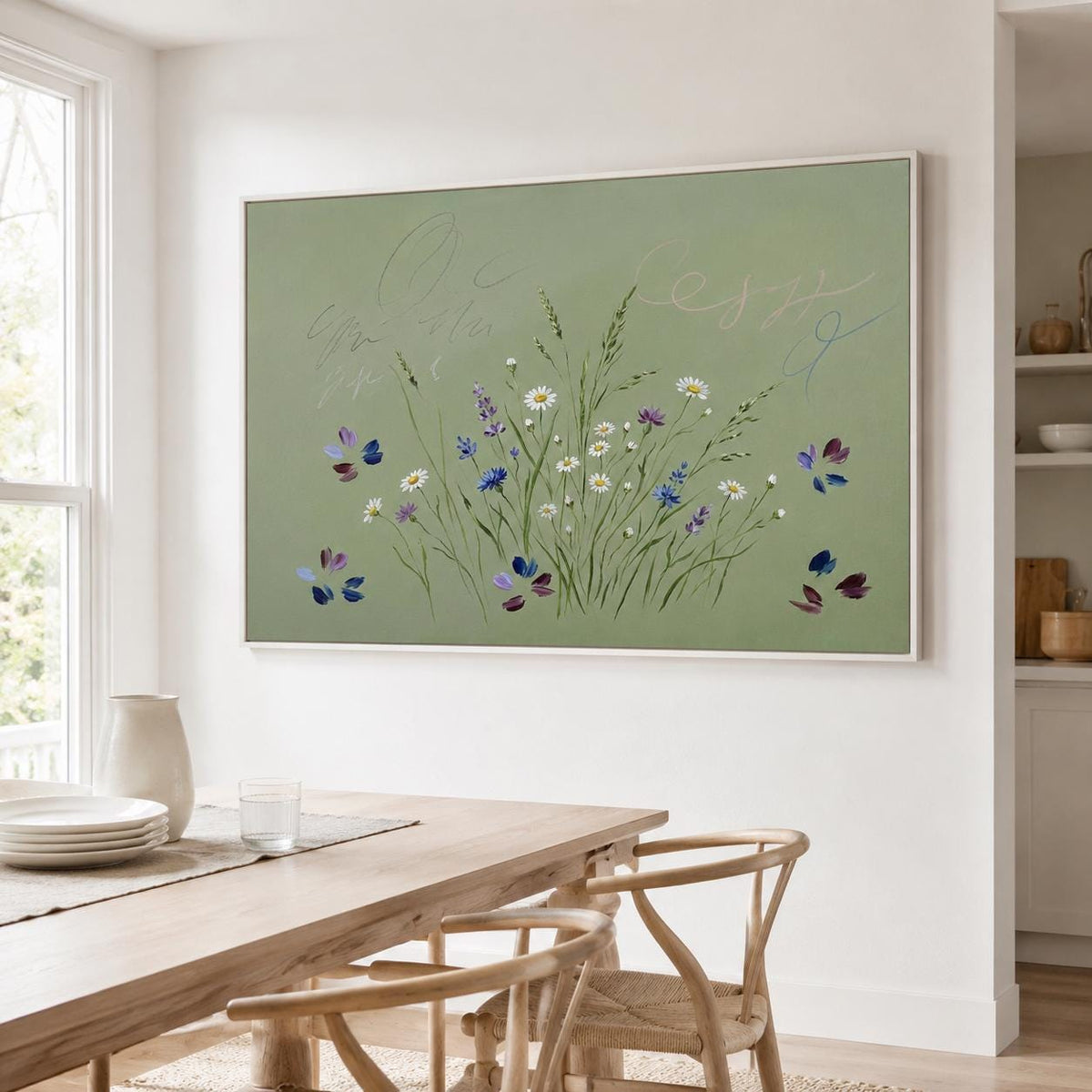 Wildflower Meadow Wall Art Sage Green Butterfly Botanical Canvas Painting for Cottage Bedroom Decor