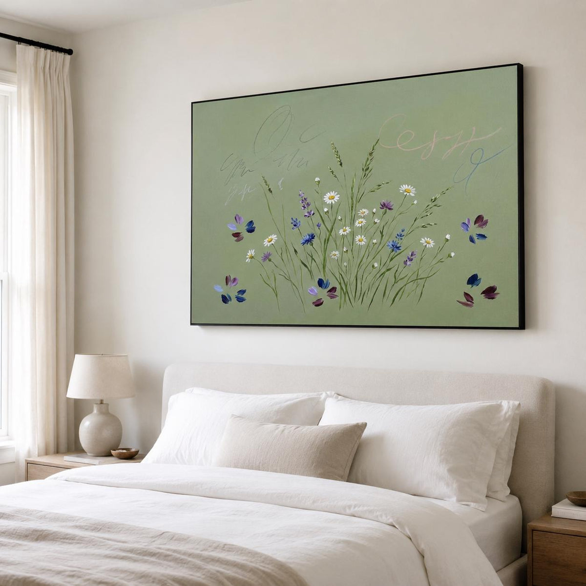 Wildflower Meadow Wall Art Sage Green Butterfly Botanical Canvas Painting for Cottage Bedroom Decor