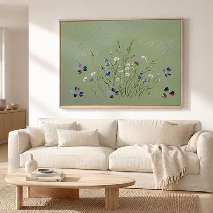 Wildflower Meadow Wall Art Sage Green Butterfly Botanical Canvas Painting for Cottage Bedroom Decor