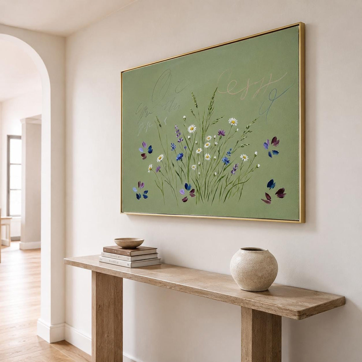 Wildflower Meadow Wall Art Sage Green Butterfly Botanical Canvas Painting for Cottage Bedroom Decor