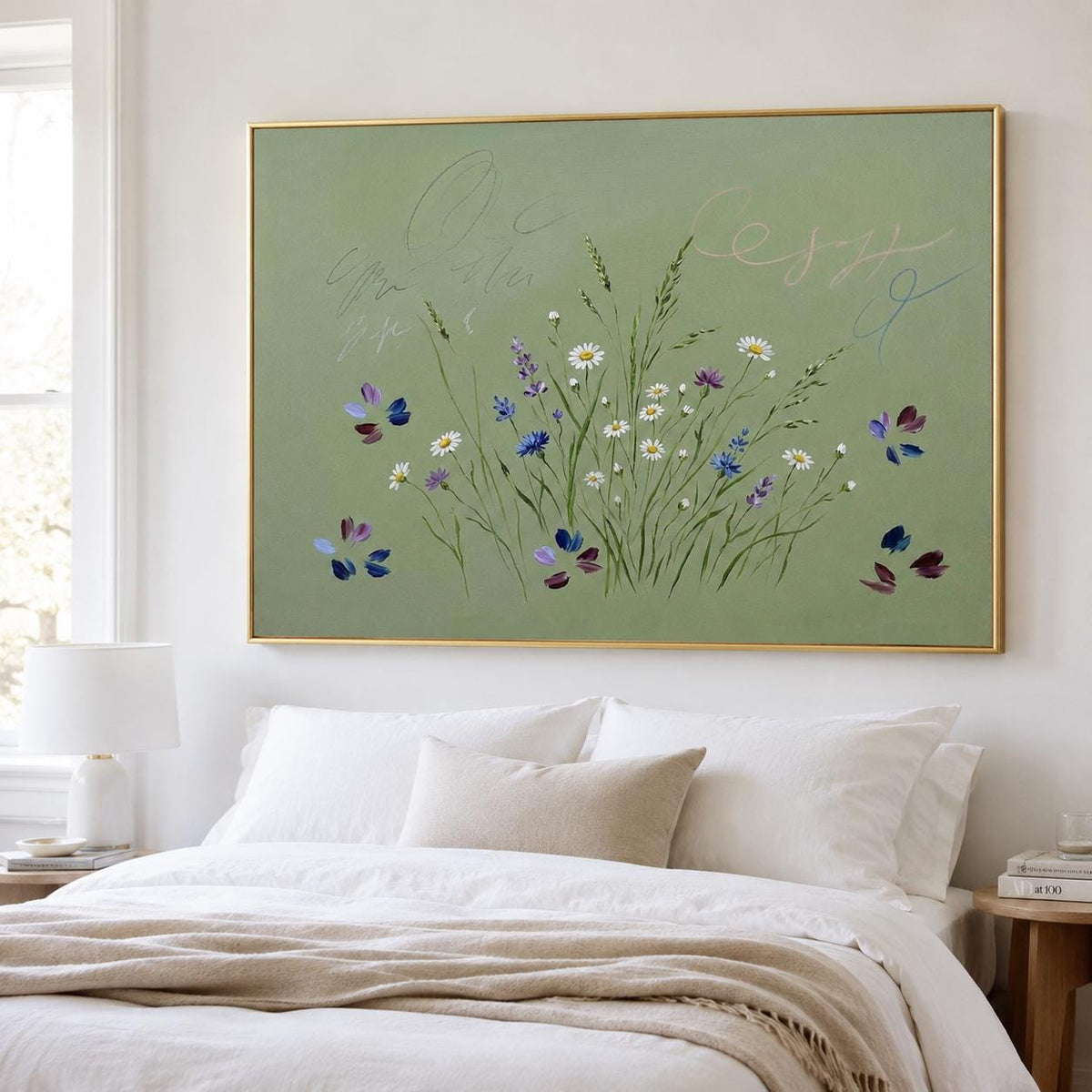 Wildflower Meadow Wall Art Sage Green Butterfly Botanical Canvas Painting for Cottage Bedroom Decor